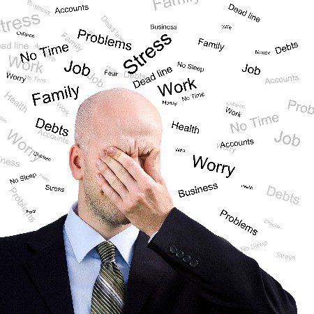 Bald man with palm on face with words on the background
